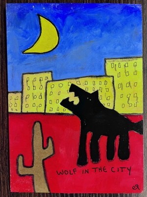 e9Art 5x7 'wolf in the city'  outsider folk art brut naive primitive cactus moon