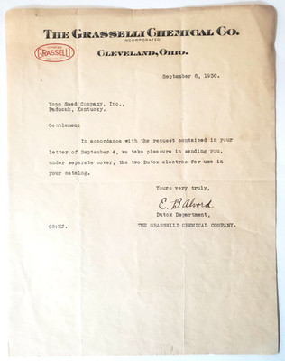 1930 Letter, The Grasselli Chemical Co., Cleveland, Ohio, Yopp Seed, Paducah, KY