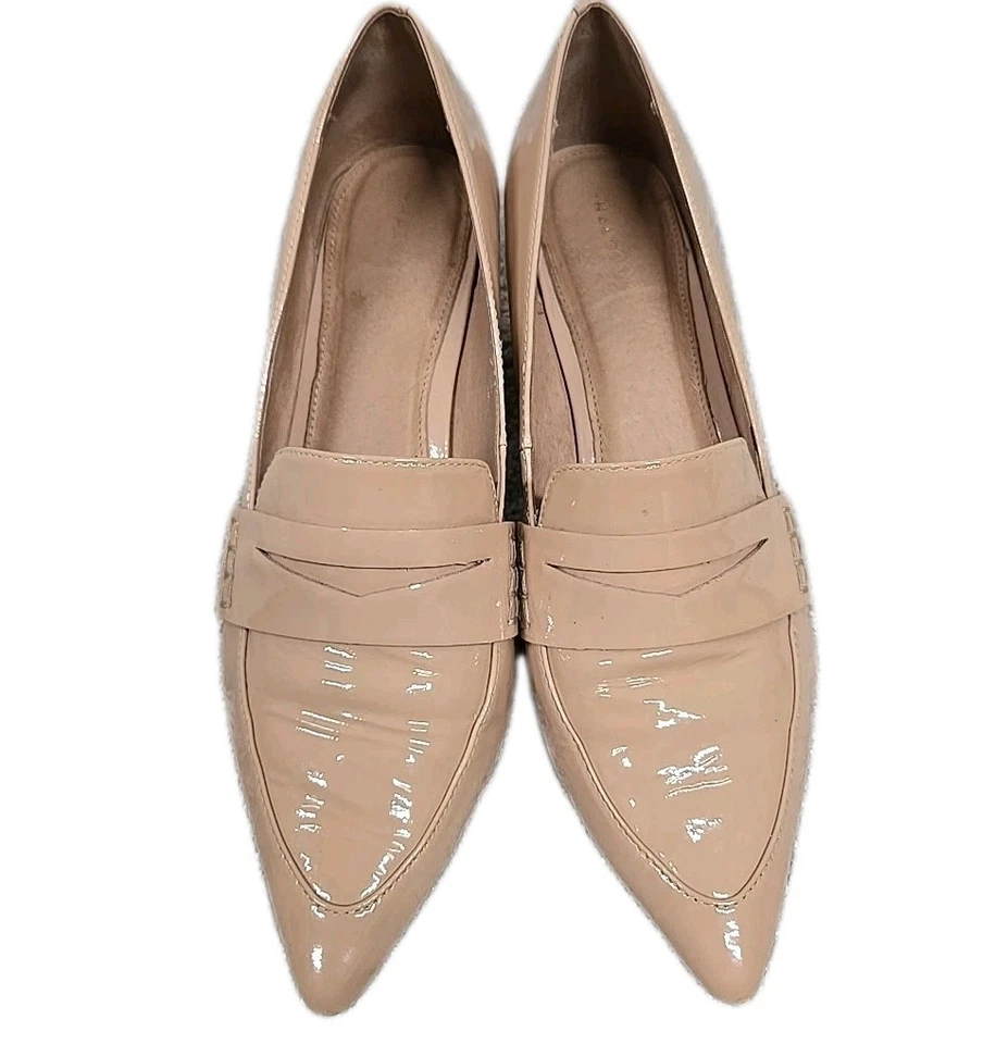 Mocasines Halógenos Tacones Punta Punta Zapatos Sin Cordones Cuero Brillante Beige Para Mujer 7.5 Foto 2 de 4