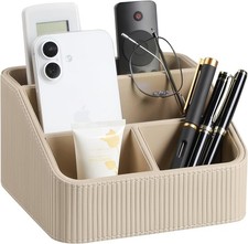 Remote Control Holder W/ 4 Compartments PU Leather Small Nightstand Organizer