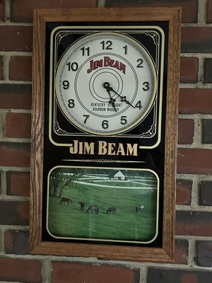 Vintage Jim Beam Wall Clock Sign Black Bourbon Whiskey Kentucky Farm Horses