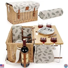Deluxe Wine Picnic Basket Set for 4 - Wicker Hamper with Blanket & Snack Table