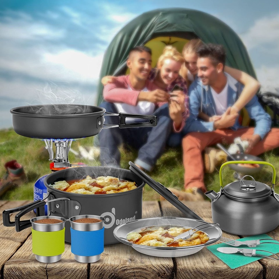 Tmess Kit Odoland 19pcs Camping Cookware Mess Kit, Non-Stick Pot Pan Kettle Set ...
