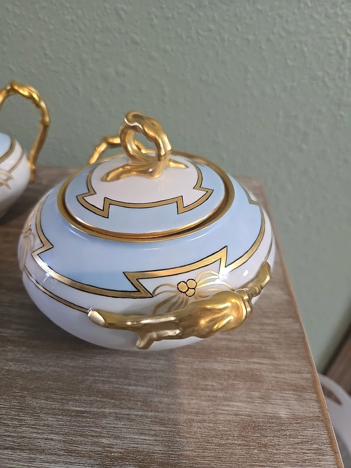 Rare Antique JP Limoges Gold Gilded Large Sugar Bowl & Creamer Set. - Image 3 of 4