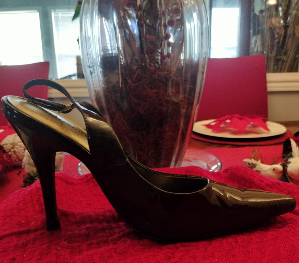 Вкусный, темно-коричневый искусственной лакированной кожи заостренный носок Stiletto слинга насосы - Изображение 4 из 4