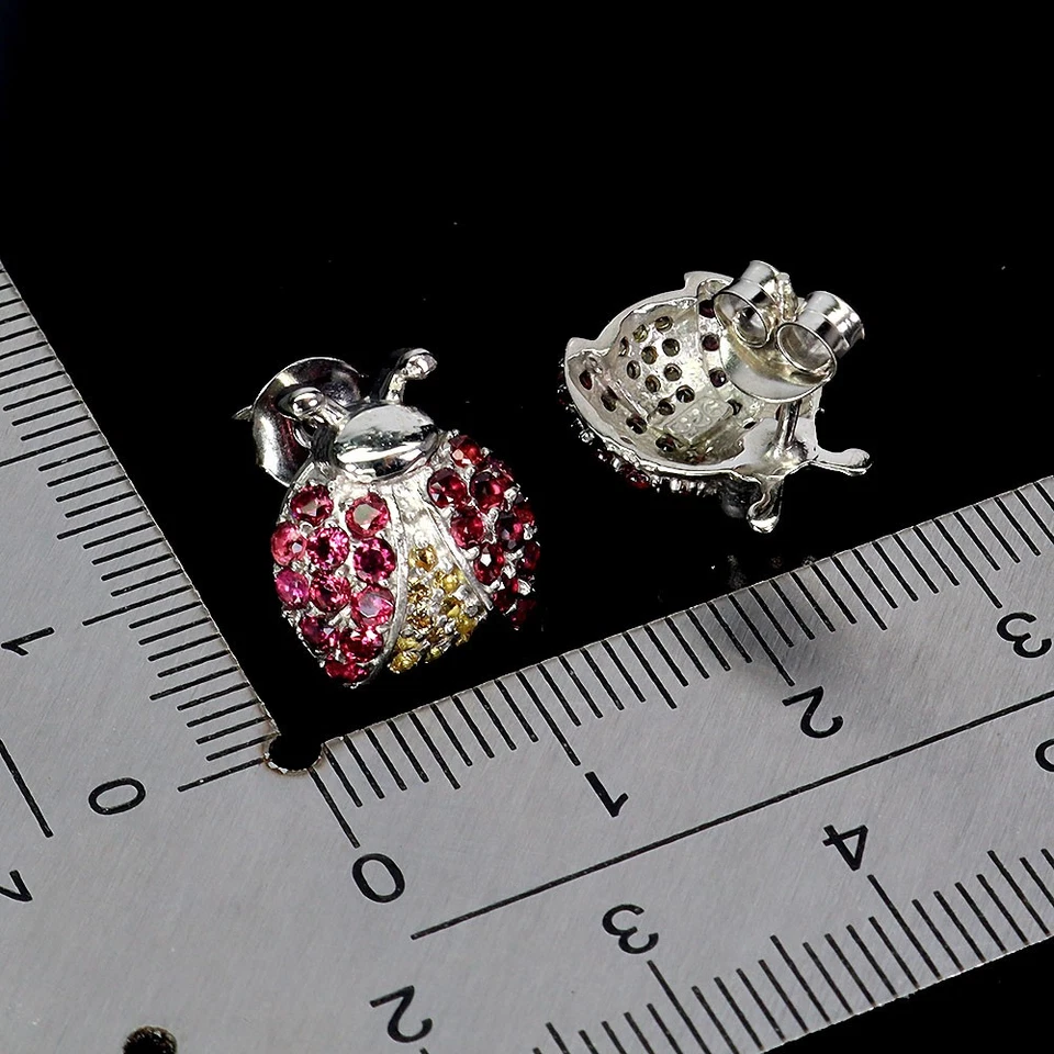 Pendientes de plata de ley 925 redondos de zafiro rodolita piedras preciosas naturales Ladybug Foto 3 de 4