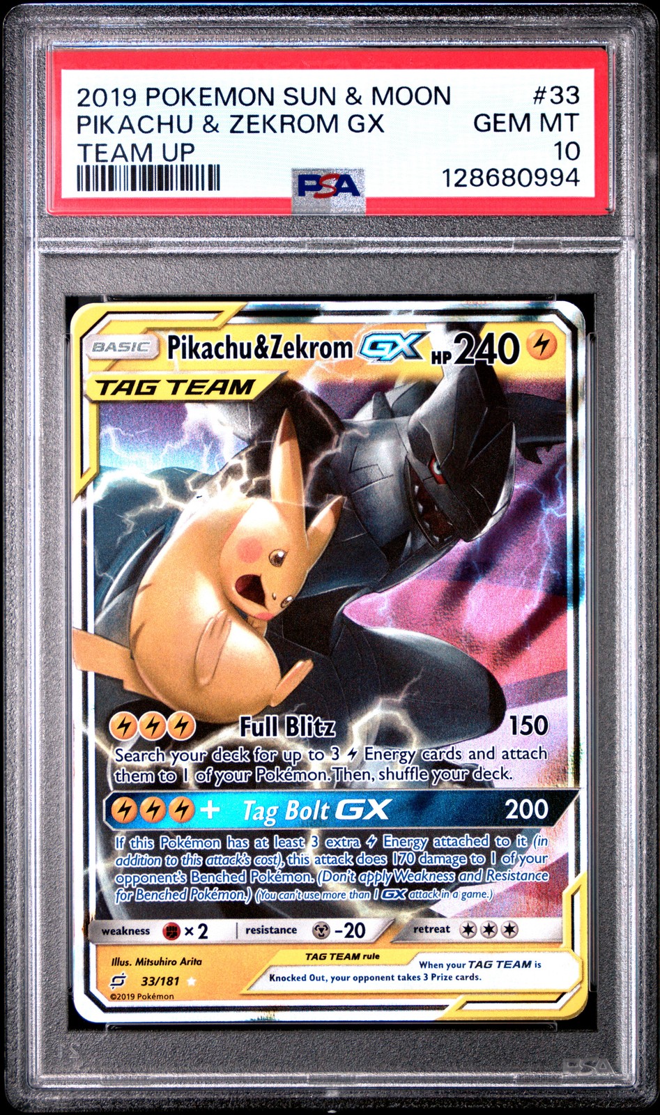 2019 POKEMON SUN & MOON TEAM UP #33 PIKACHU & ZEKROM GX PSA 10
