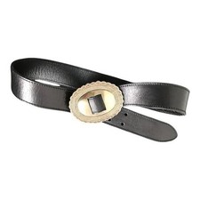 Saint Laurent Paris Black Leather Scalloped Oval Buckle Western Belt Gold Tone
