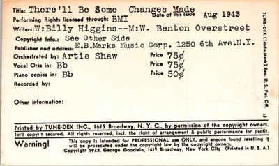 Tune-Dex Card 1943 Artie Shaw Orchestration ''There'll Be Some Changes Made
