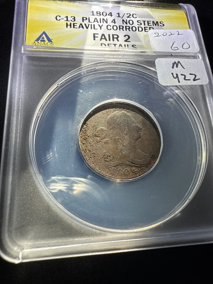 1804 C-13 Plain 4 No Stems Draped Bust Half Cent, ANACS Dtls F2 - Image 2 of 3