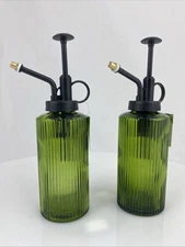NWT Lot Of (2) Green Fluted Glass Plant Misters Black Top Indoor Plant Watering