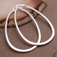 Oversize Flat Skinny Oval Hoop 3 Inch Earrings Silver