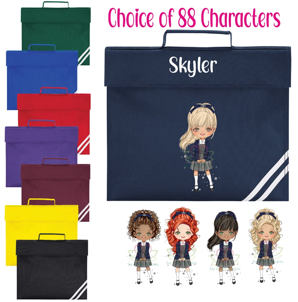 QUADRA Personalised Name Book Bag Girl Clairabella Style Character Reading School Bag