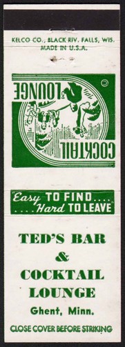 Vintage matchbook cover TEDS BAR people pictured Ghent Minnesota unstruck n-mint