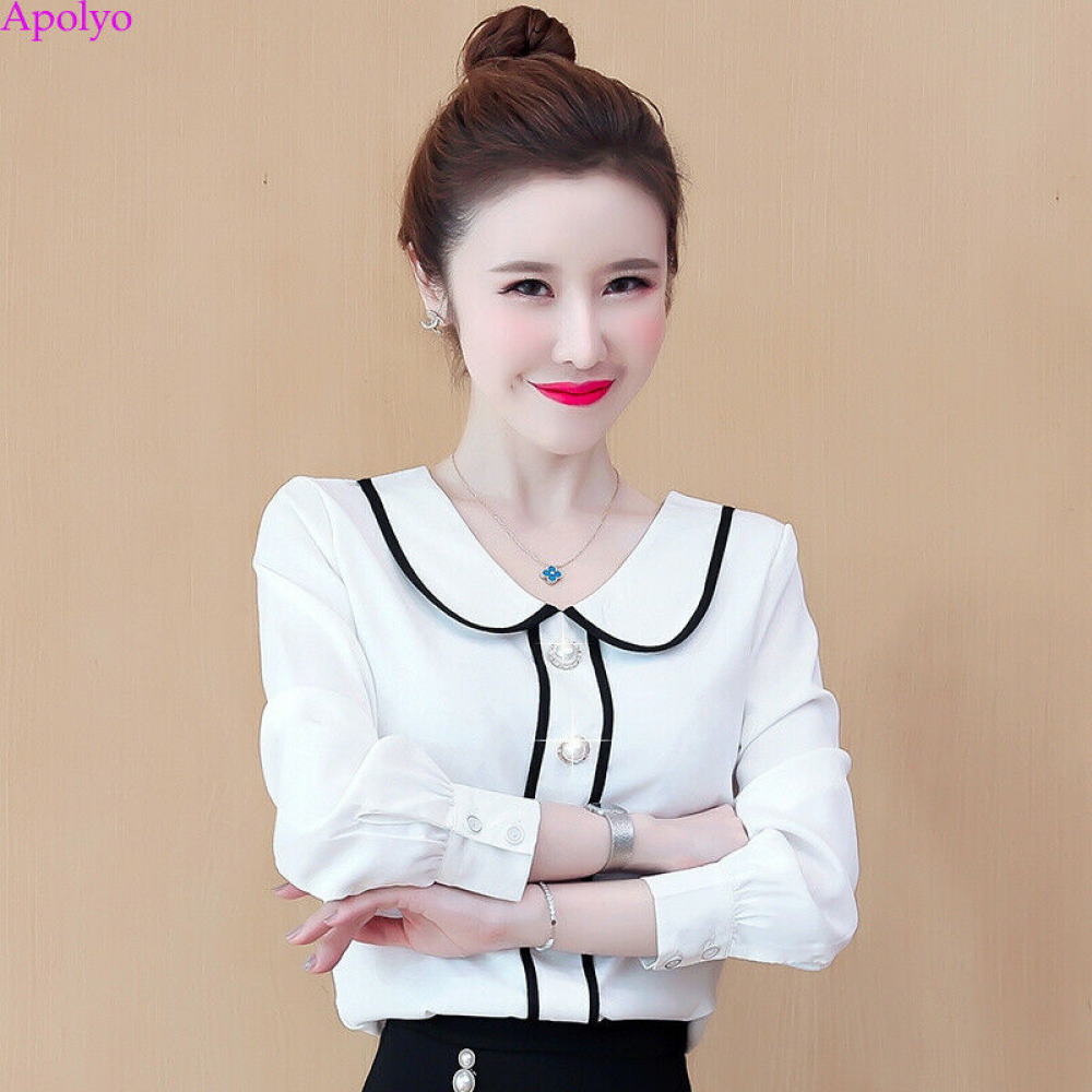 Korean Women Elegant Babydoll Button Colorblock Chiffon Autumn Tops Blouse Shirt