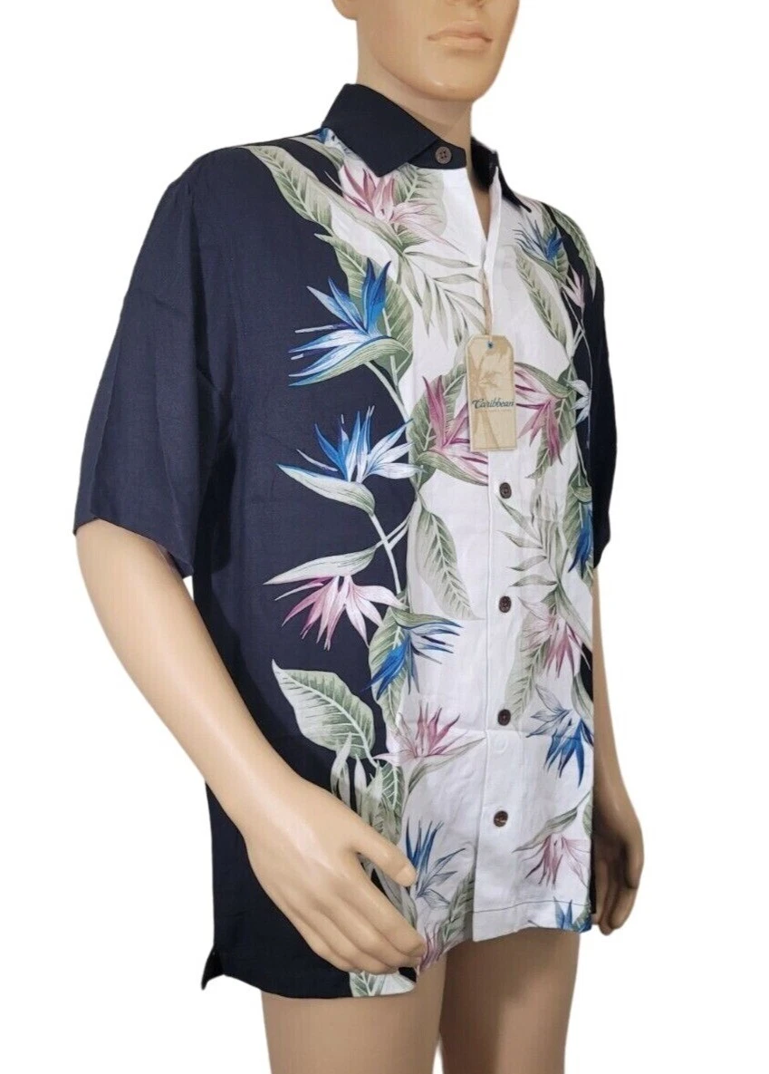 Caribbean Men's Shirt Size XL Black Floral Graphic Hawaiian Short Sleeve NWT 12