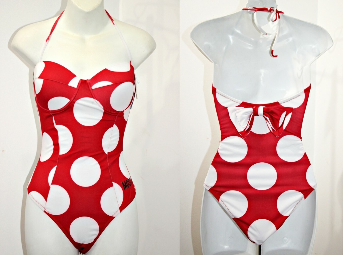 Moschino Polka Dot Back Bow Bandeau Cheeky One Piece Swimsuit Red