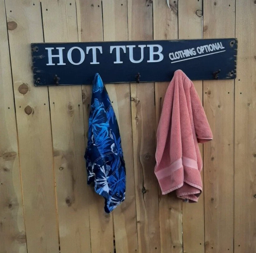 HOT TUB Clothing Optional/Towel Rack/Rustic/Carved/Wood Sign/Hot Tub Décor