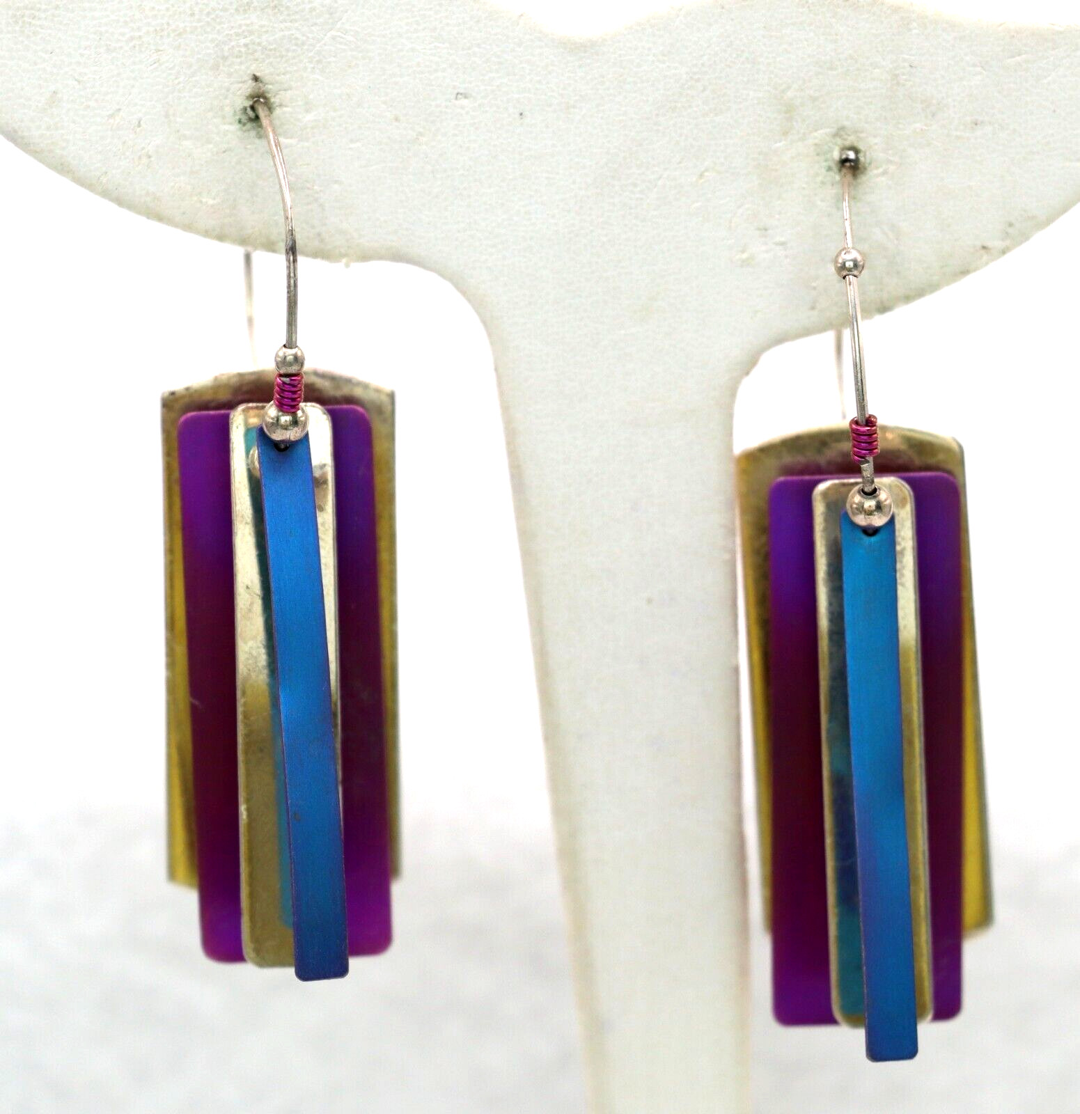 Purple Blue Silver Rectangle Shape Bead Wire Hoop… - image 1