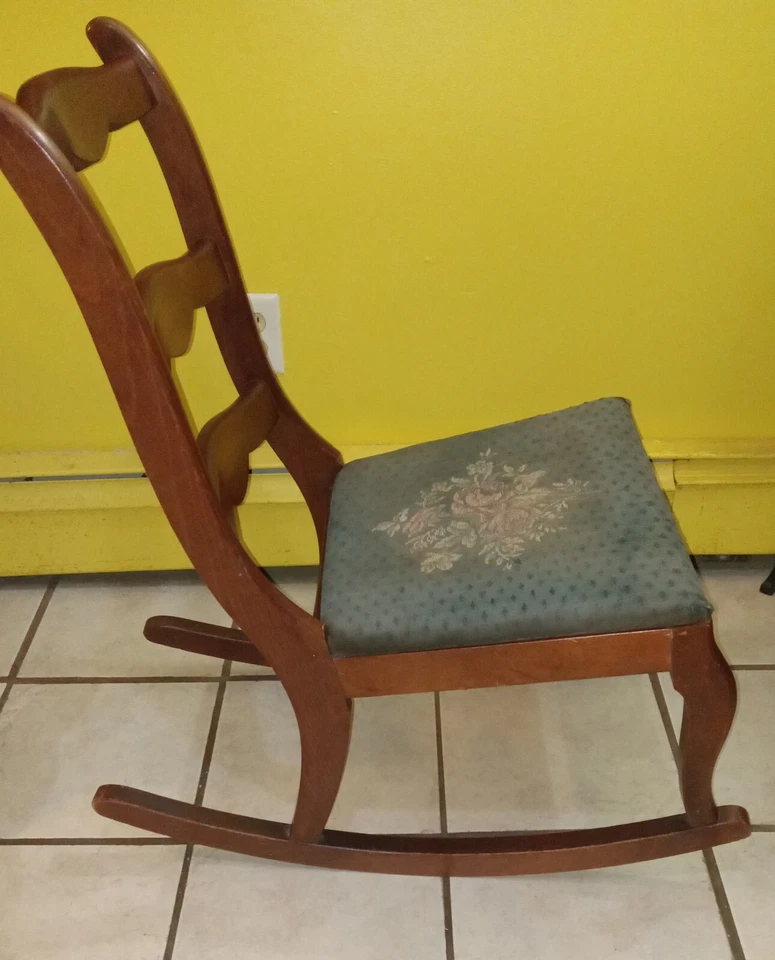 Vintage Nursery/Sewing Rocking Chair Original  Needpoint Rose Embroidered Seat. - Image 2 of 4