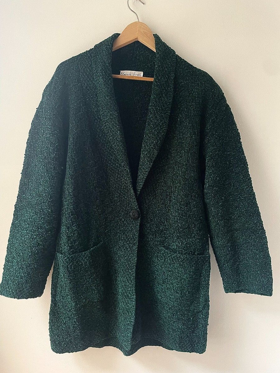 Vintage Hand Knitted Dark Green Bouclé Long Cardigan By Marion