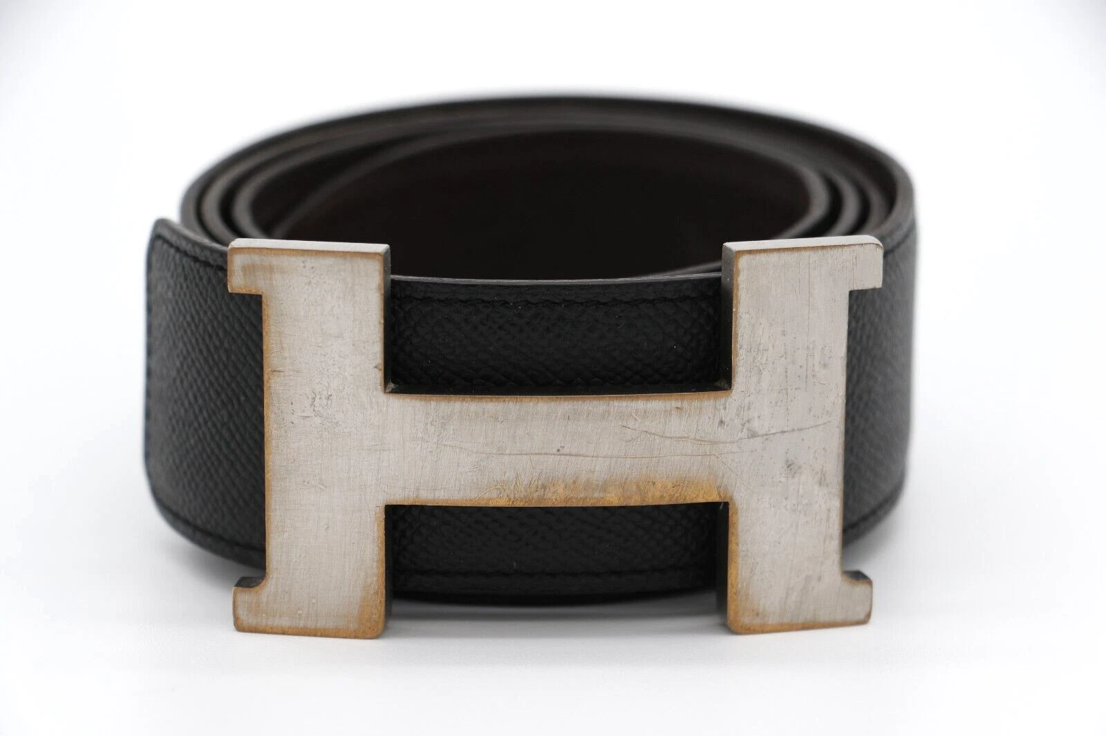 HERMÈS 95 H Fibbia Guillochee Cintura Reversibile Nero Cinturino Pelle Argento SP0165