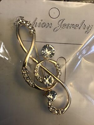 Music Note Treble Clef Pendant Gold Tone Rhinestone New 2.25 X .75 Inches Long