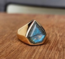 Natural Labradorite Diamond Shape Gemstone Ring, Yellow Gold 925 Sterling Silver