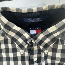 Tommy Hilfiger Shirt Mens Large Black White Plaid Button Up Long Sleeve Cotton