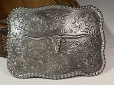 VTG Longhorn Steer Western Cowboy Belt Buckle Silver Tone 1995 w/ 30" belt Youth