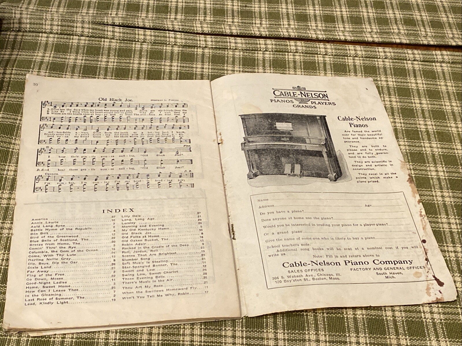 Antique 1908 Cable Nelson Piano Co FA Jenkins Honesdale Sheet Music Advertising