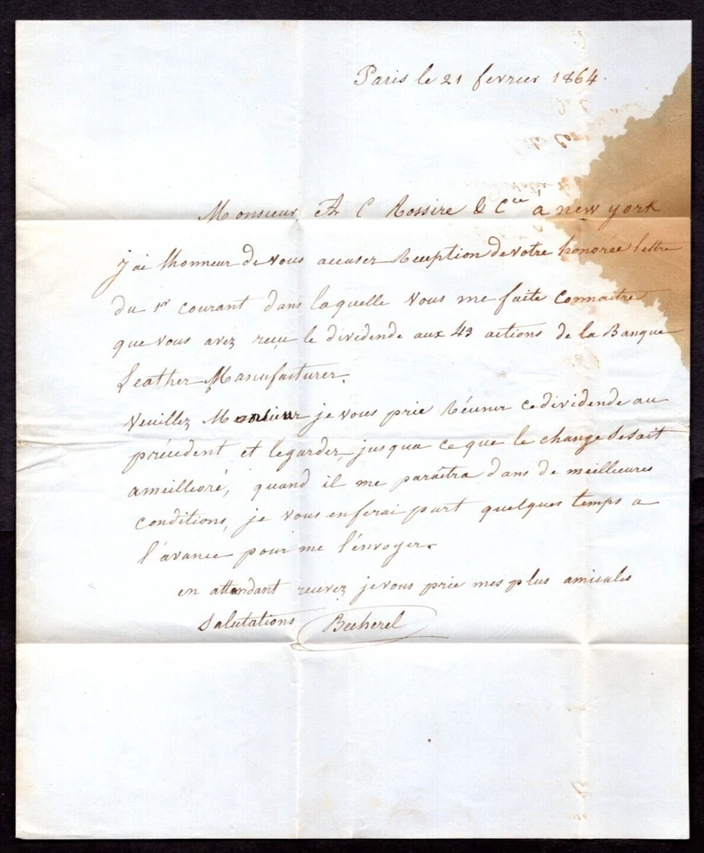 FRANCE 1864 US NAPOLEON 20C STRIP OF 4 TIED PAIRS "PARIS 21.FEB.64" VIA ENGLAND - Image 3 of 3