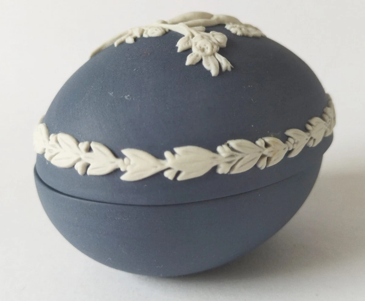 Wedgwood Portland Blue Jasperware Egg Trinket Box Cherub - Jasper