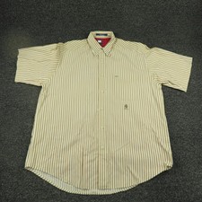 Tommy Hilfiger Shirt Mens Medium Beige Striped Short Sleeve Button Down Crest