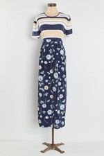 90s Navy Blue Floral Long Skirt L