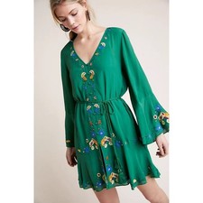 Farm Rio Jessalyn embroidered dress vibrant floral stitching bell sleeves Sz S