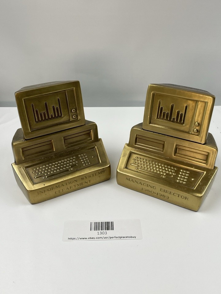 Solid brass bookends shaped like vintage computers — heavy, handsome, and utterly perfect for a tech-nerd's office shelf.