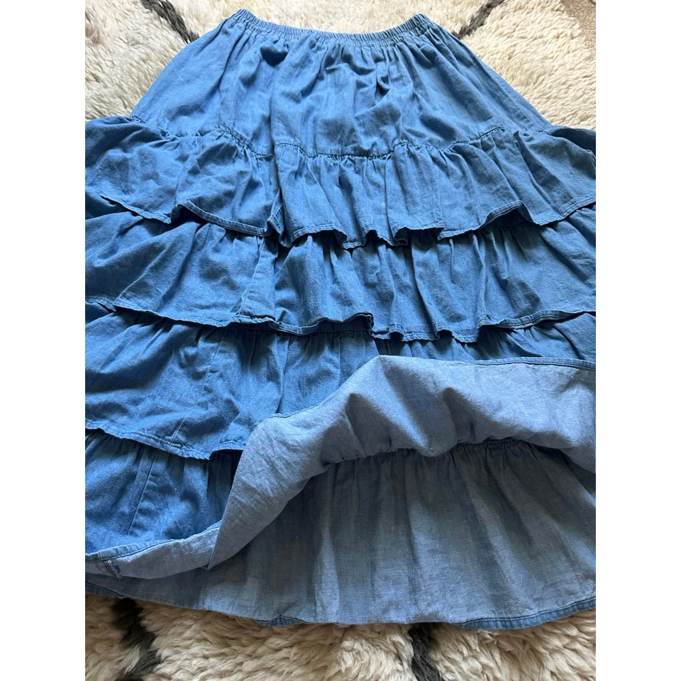 Falda Midi Vintage Western Denim En Niveles Azul Volantes Maxi Vaquero Azul Boho S/L Foto 2 de 4