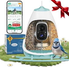Smart bird feeder with camera, dual seed chambers and spill prevention