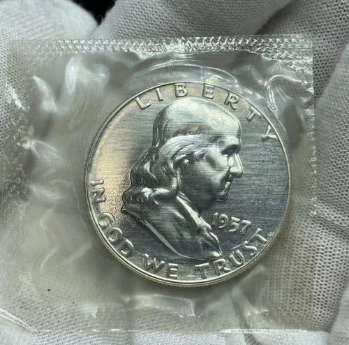 1957 Franklin Half Dollar Proof - BU Condition In Mint Cellophane A373