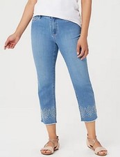 Susan Graver Light Wash Embroidered Hem High Stretch Denim Crop Jeans New Reg