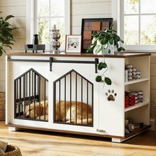 Large Dog Crate Furniture with 2 Rotatable Dog Bowls, Wooden Dog Kennel