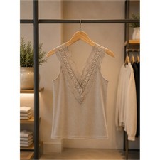 Lace-Trim V-Neck Camisole in Taupe