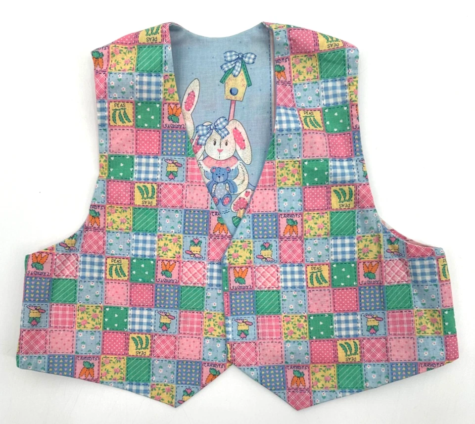 Garden Bunnies Childrens Handcrafted Reversible Novelty Vest Small Blue Cotton - Image 3 of 4