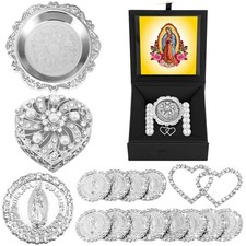 Wedding Arras Coins Set Heart Shaped Box 13 Virgen of Guadalupe Silver Decor