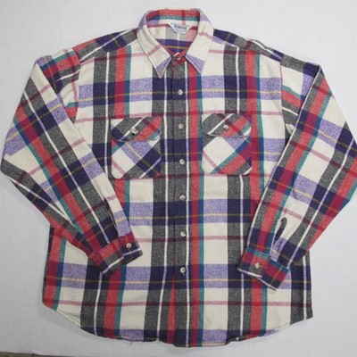 Vtg 70s Five Brother Flannel Shirt Mens XL Plaid White Pink Purple USA Cotton