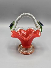 Vintage Hand Blown Red Ruffled Basket Art Glass Blue Flowers Green Grass