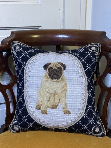 Handmade Black Wool Needlepoint Petit Point Pug Dog Pillow Cover 16”x16” - Picture 2 of 6