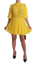 Dolce & Gabbana Yellow Pleated A-line Mini 100% Silk Women's Dress Authentic