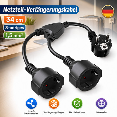 1-zu-2 Stromadapter Verlängerungskabel 34CM 3-adrig EU-Schuko Outdoor IP44